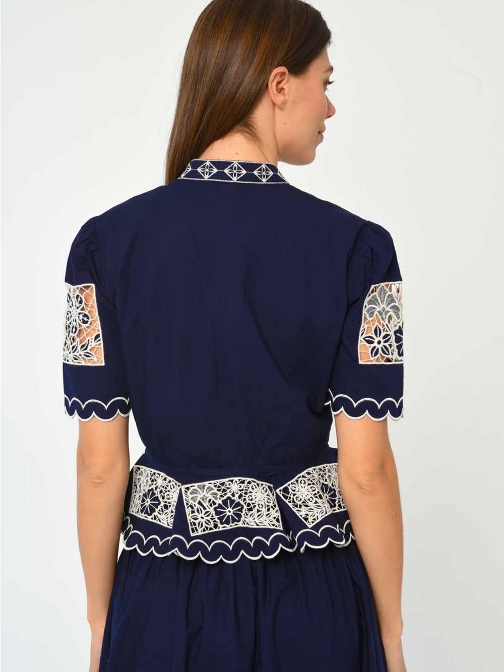 Navy Embroidered Short-Sleeve Peplum Blouse - Picture 4 of 4